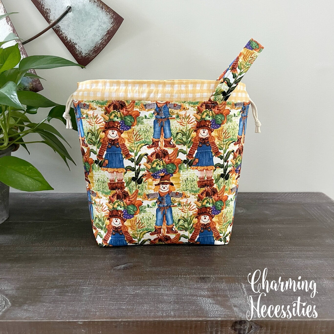 Knitting Project Bag, Harvest Scarecrows Drawstring Tote Bag