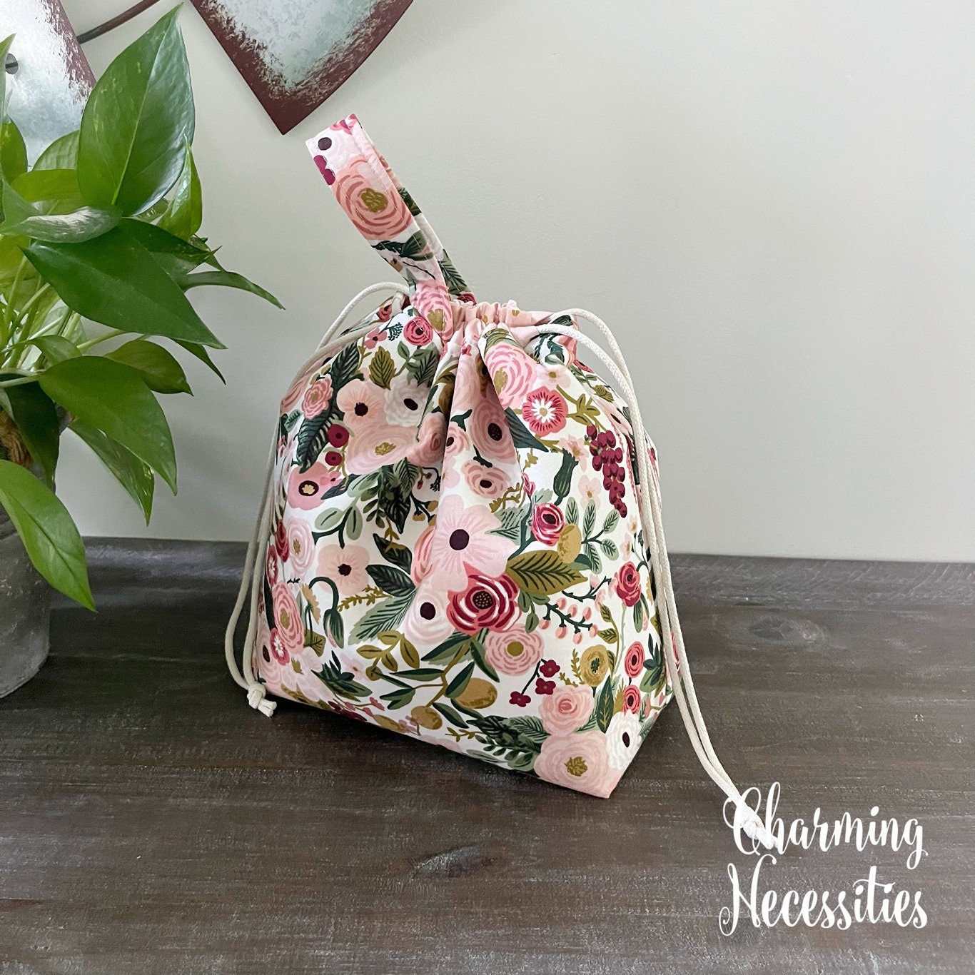 Knitting Project Bag, Rifle Paper Co Garden Party in Pink Drawstring Tote