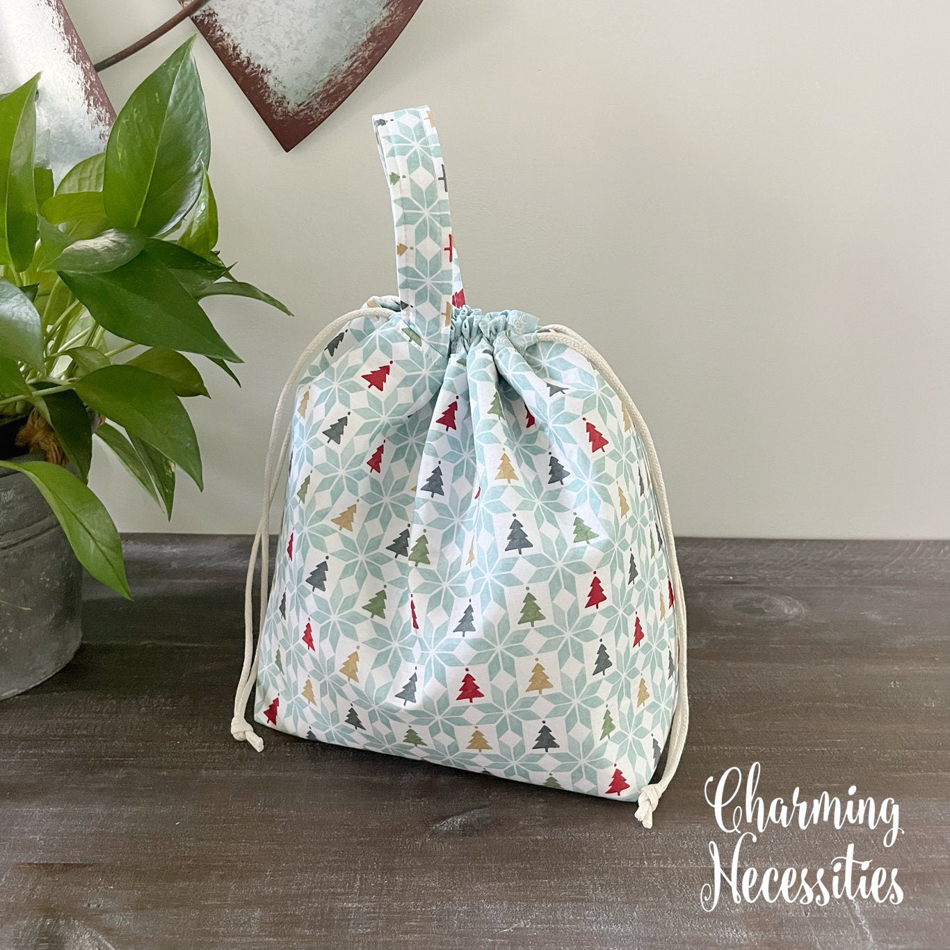 Knitting Project Bag, Christmas Trees and Snowflakes Holiday Drawstring Tote