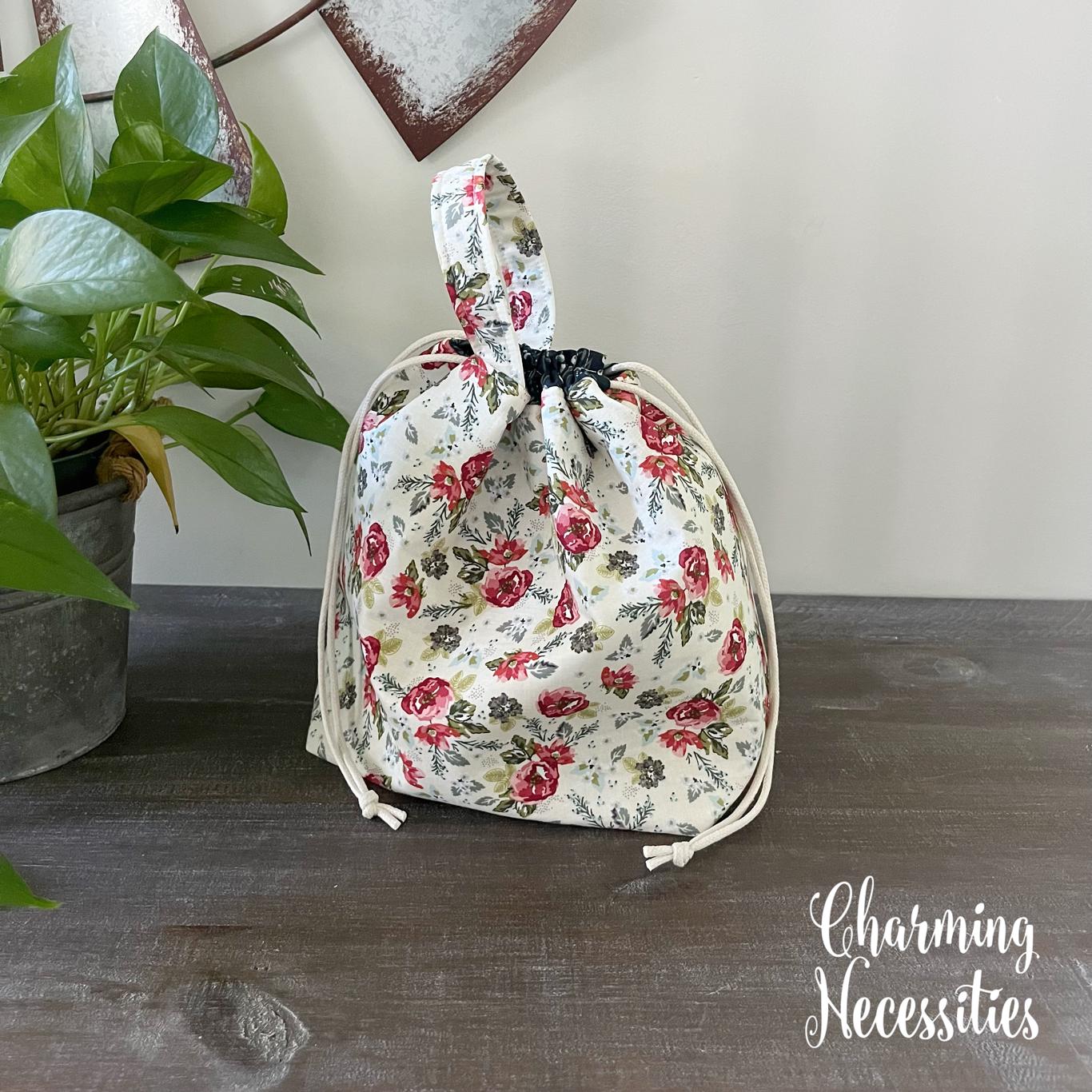 Knitting Project Bag, Vintage Floral Roses Drawstring Tote