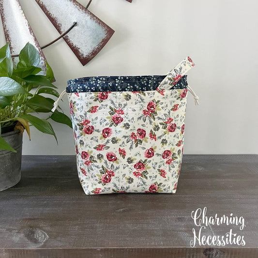 Knitting Project Bag, Vintage Floral Roses Drawstring Tote