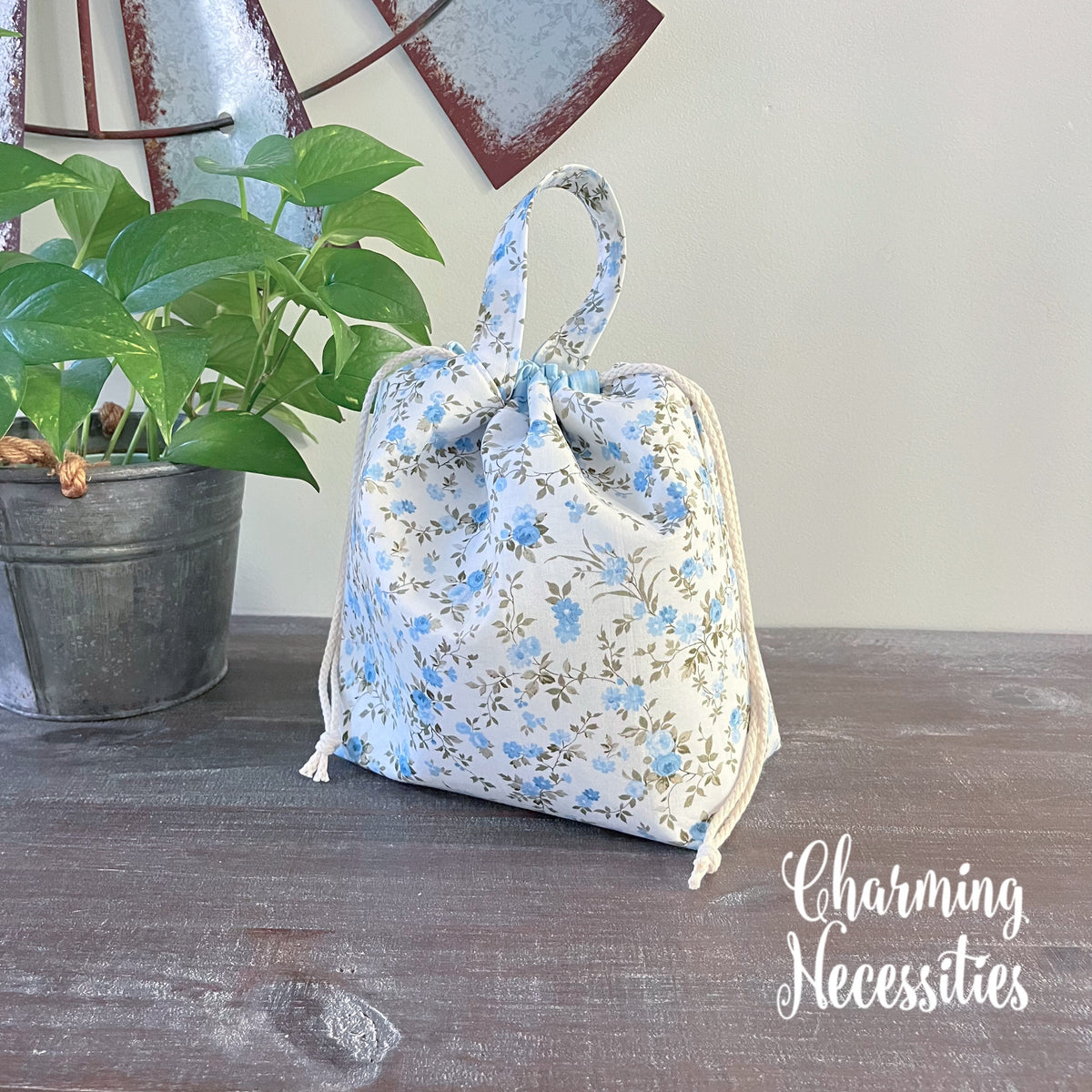 Powder Blue Roses Knitting Project Bag, Drawstring Tote