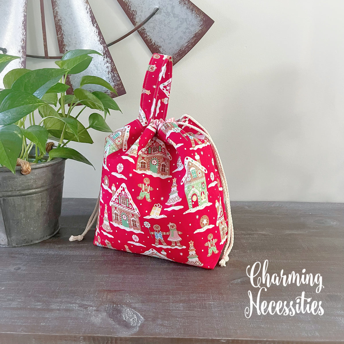 Gingerbread Village Knitting Project Bag, Drawstring Tote