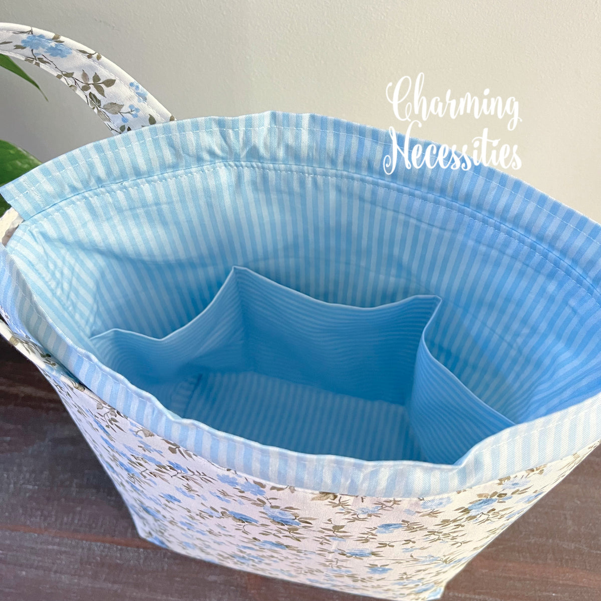 Powder Blue Roses Knitting Project Bag, Drawstring Tote