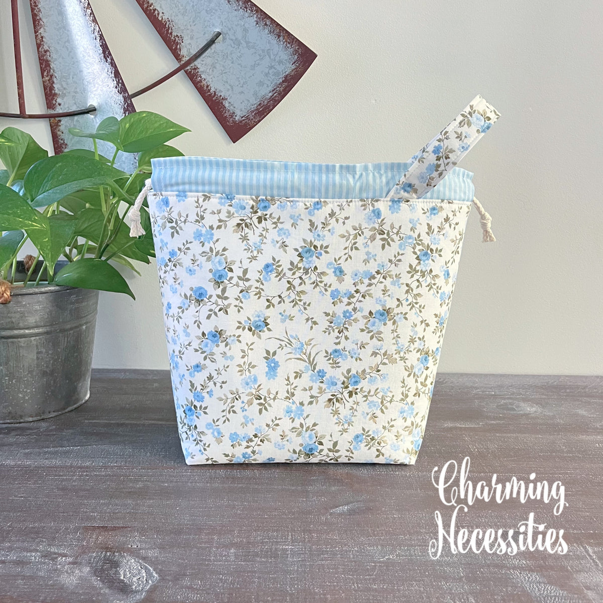 Powder Blue Roses Knitting Project Bag, Drawstring Tote