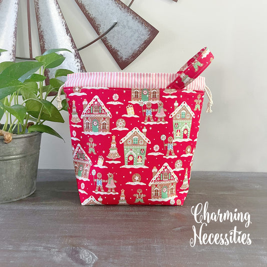 Gingerbread Village Knitting Project Bag, Drawstring Tote