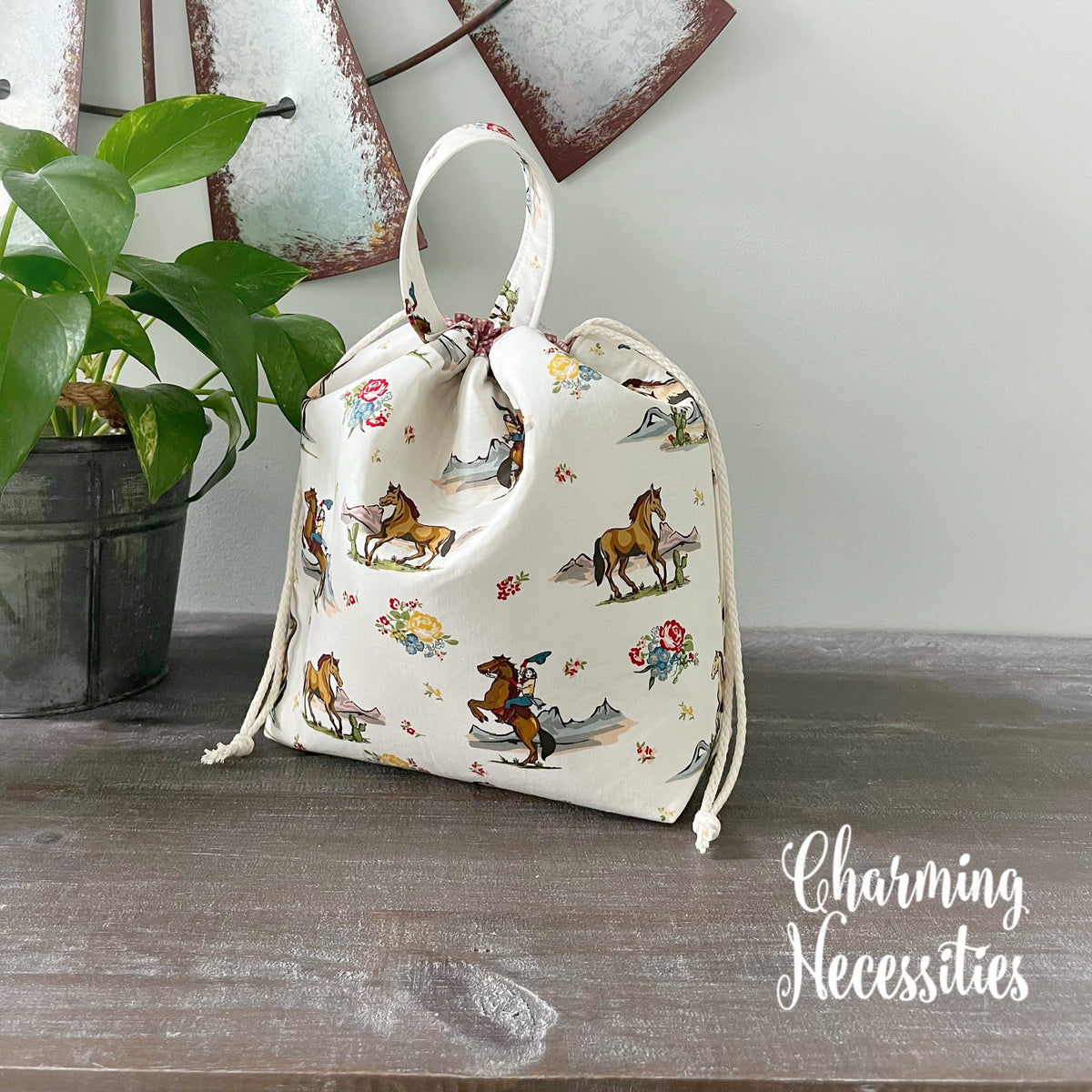 Western Cowgirl Knitting Project Bag, Drawstring Tote