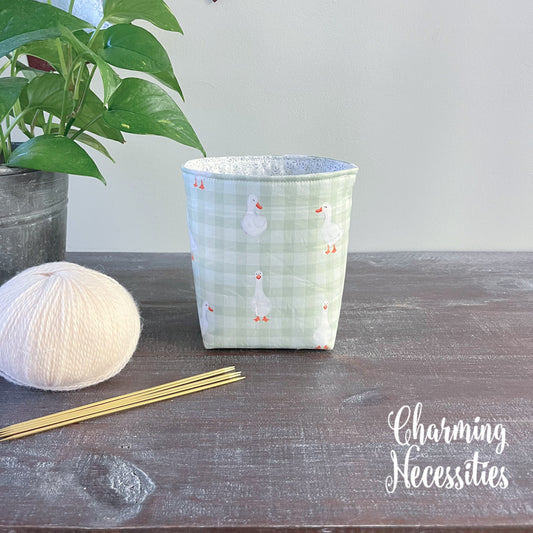 Yarn Bowl Cozy Basket, Ducks and Gingham, Knitting Accessories Yarn Storage Organization