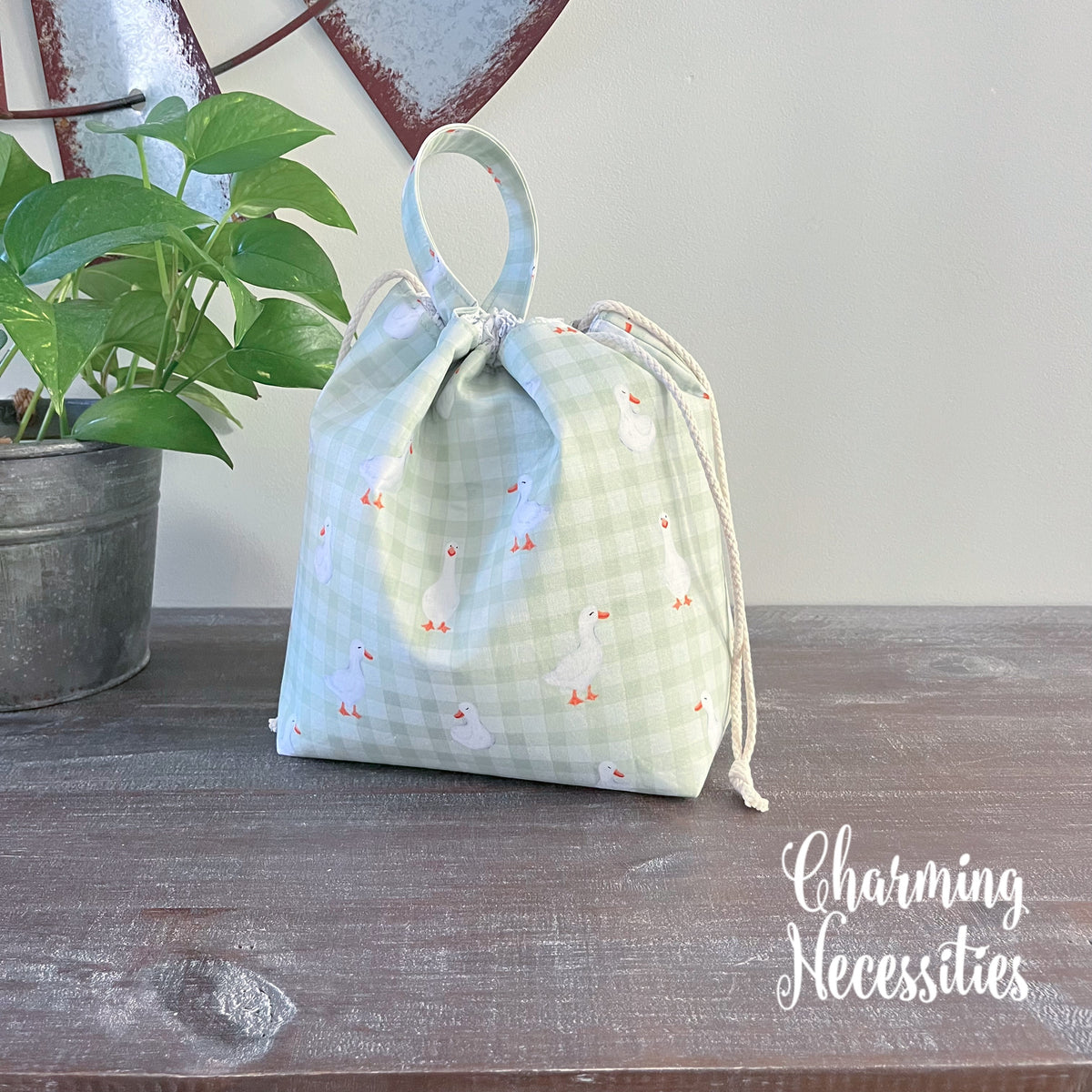 Knitting Project Bag, Ducks and Gingham, Drawstring Tote