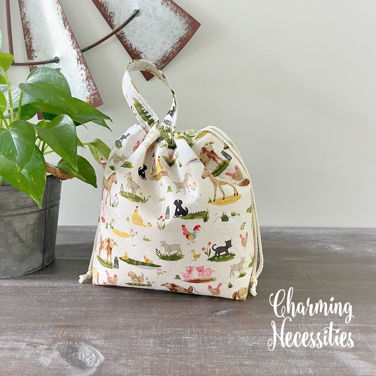 Barnyard Friends Knitting Project Bag, Drawstring Tote