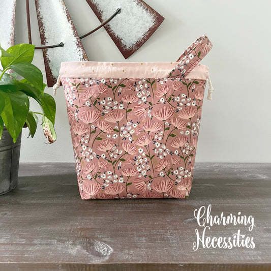 Blush Meadow Knitting Project Bag, Drawstring Tote