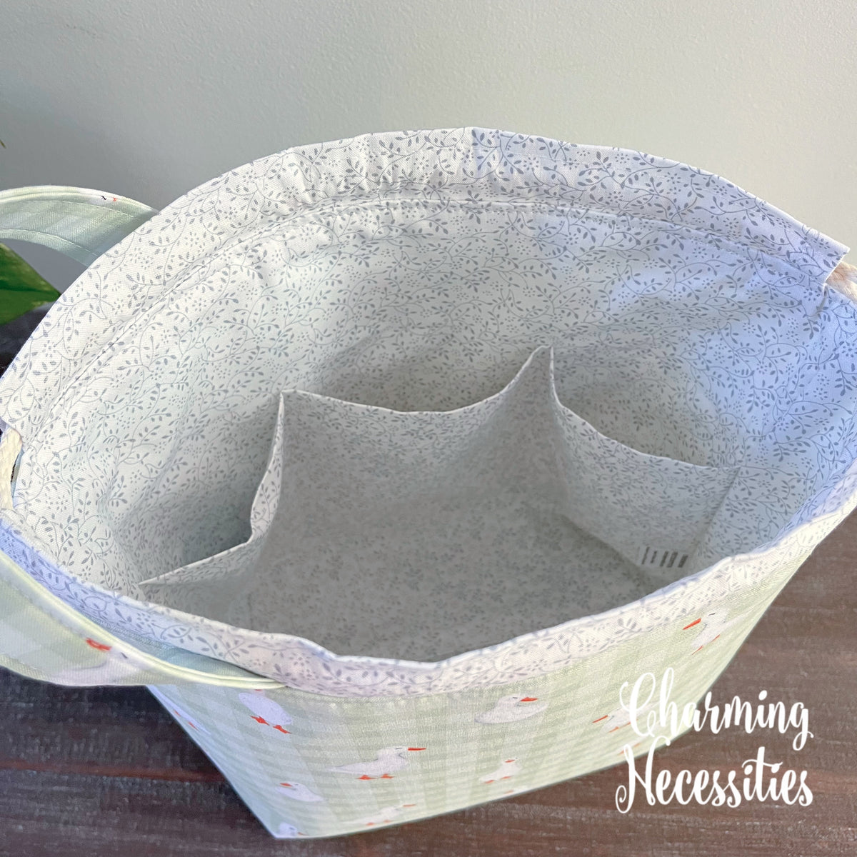 Knitting Project Bag, Ducks and Gingham, Drawstring Tote