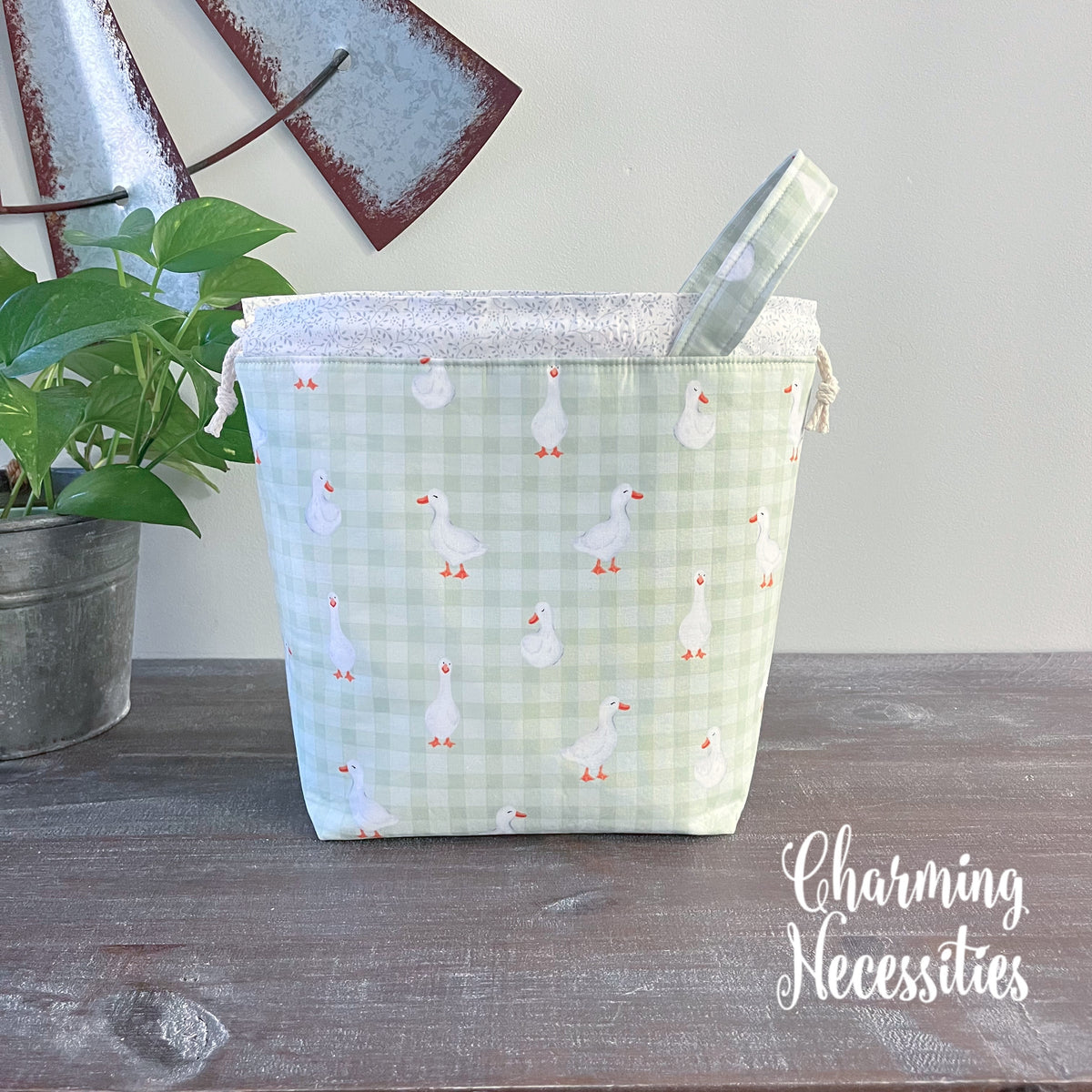 Knitting Project Bag, Ducks and Gingham, Drawstring Tote