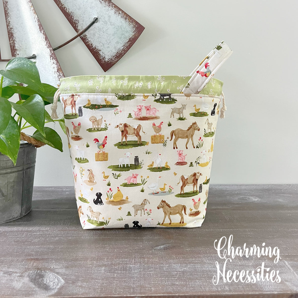 Barnyard Friends Knitting Project Bag, Drawstring Tote