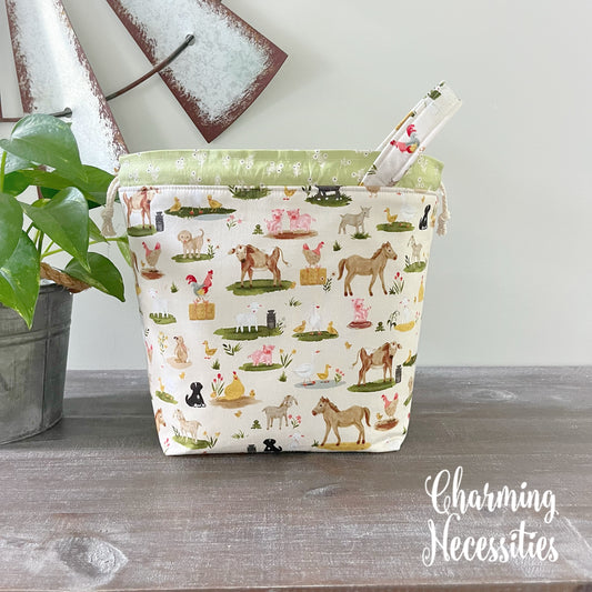 Barnyard Friends Knitting Project Bag, Drawstring Tote