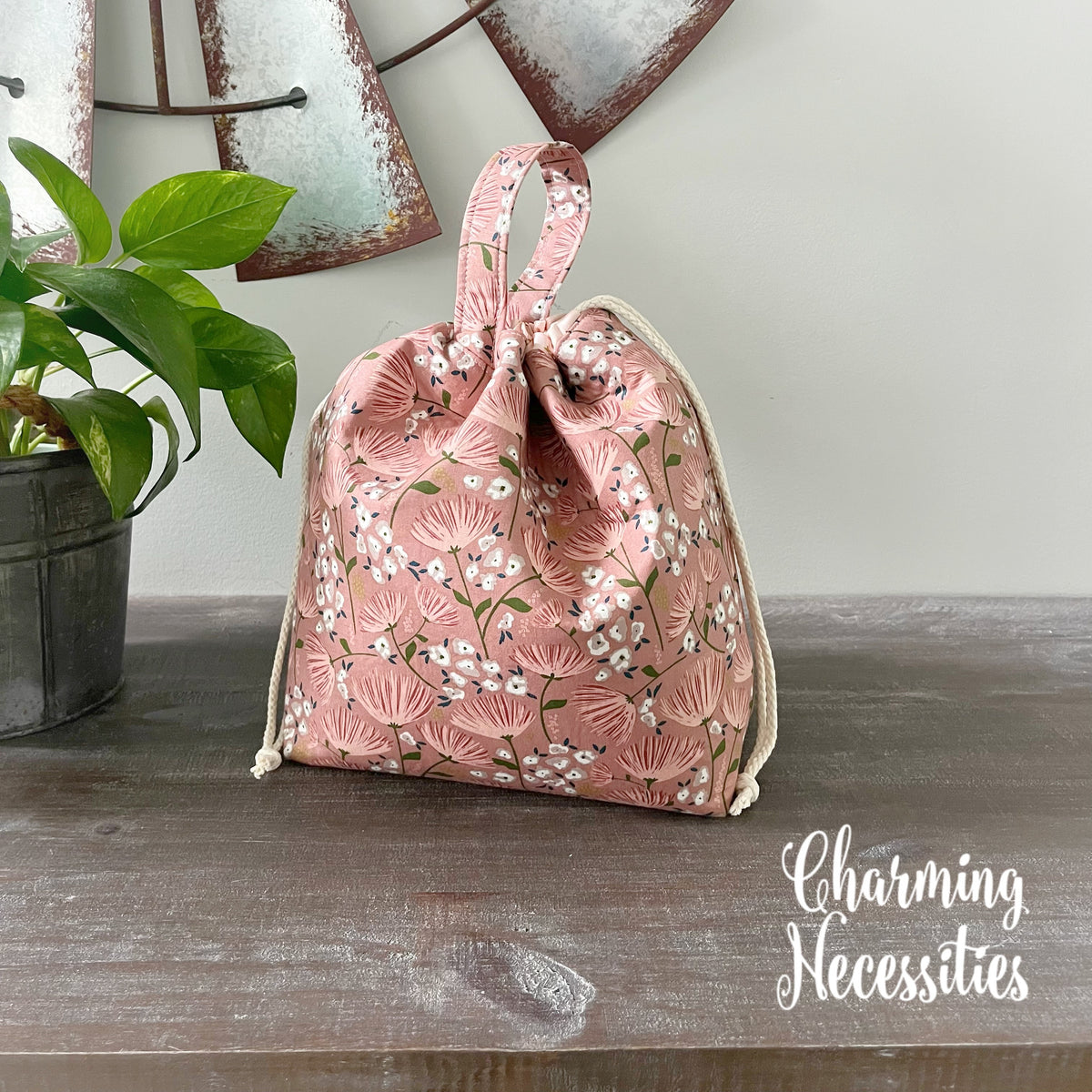 Blush Meadow Knitting Project Bag, Drawstring Tote