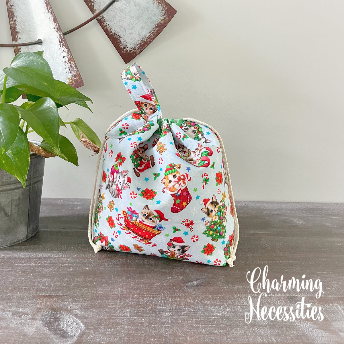 Christmas Kitties Knitting Project Bag, Drawstring Tote
