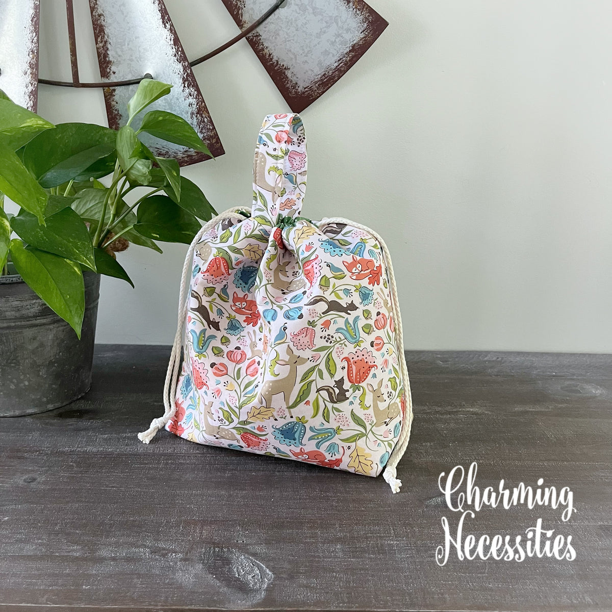 Forest Friends Knitting Project Bag, Drawstring Tote
