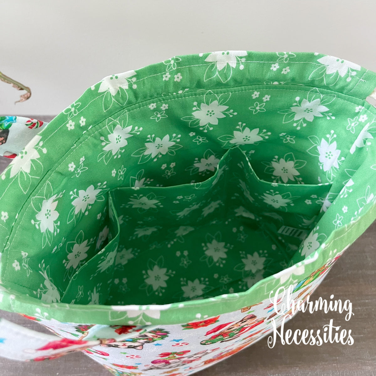 Christmas Kitties Knitting Project Bag, Drawstring Tote