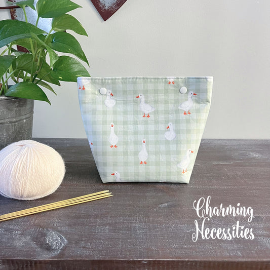 Small Snap Project Bag, Ducks and Gingham, Crochet Sewing Pouch, Gifts for Knitters Crocheters