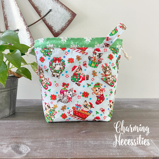 Christmas Kitties Knitting Project Bag, Drawstring Tote