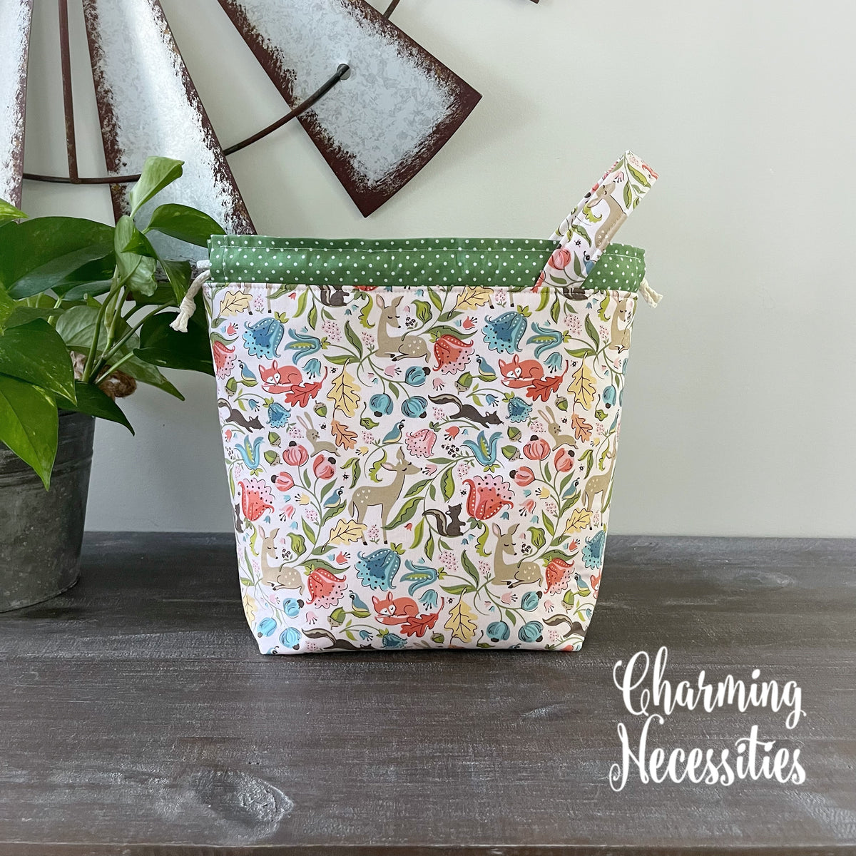 Forest Friends Knitting Project Bag, Drawstring Tote
